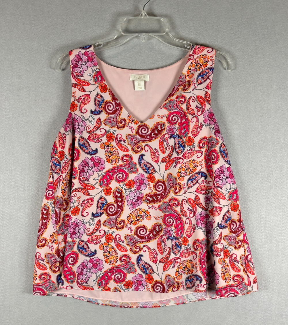 St. Tropez West Women's Large Pink Paisley Floral V Neck Tank Top